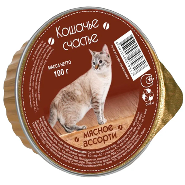 Кошачье счастье (паштет) для кошек, мясное ассорти, 100 г