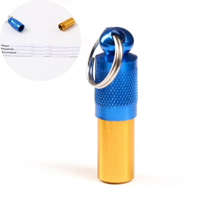 Адресник-капсула под записку, 0,8 х 3,3 см, голубой/золотой