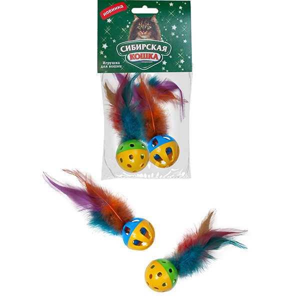 Игрушка для кошек, мяч с перьями и погремушкой 1шт.