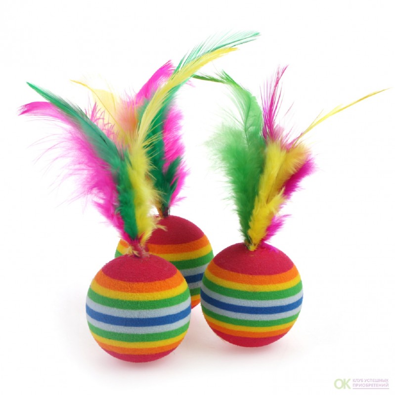 Homecat Игрушка Мячи для кошек, радужные с пером, 3.5 см.