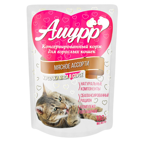 Амурр влажный корм для кошек,(соус) мясное ассорти, 100 г.