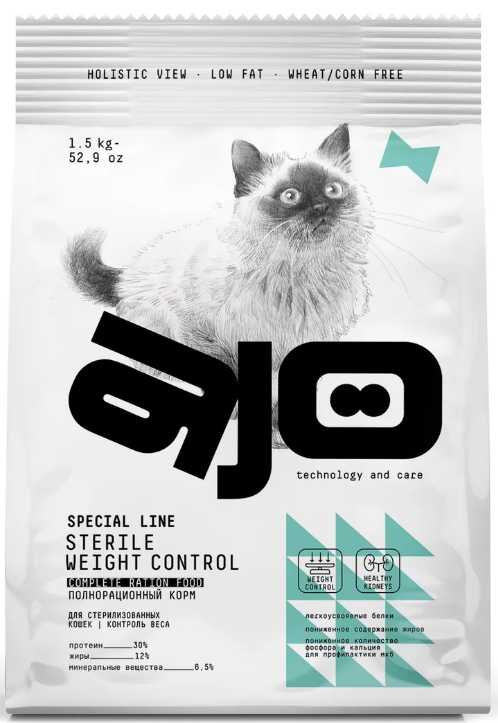АЙО Cat Sterile Сухой корм низкозерновой склонных к полноте стерилизованных кошек с курицей, 400 г.