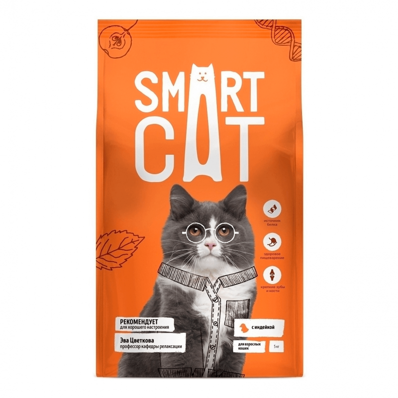 Smart Cat Сухой корм для взрослых кошек с чувствительным пищеварением,индейка, 5 кг.