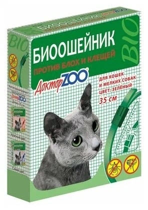 Доктор ZOO биоошейник от блох и клещей для кошек и собак малых пород, 35 см, зеленый.