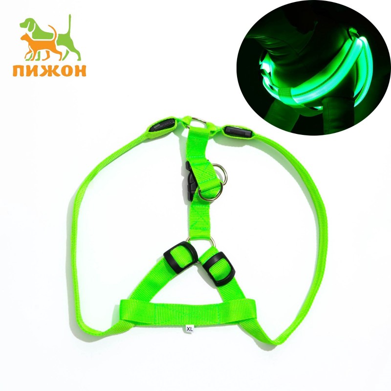 Шлейка светящаяся размер XL, стропа 2.5 см, ОГ 60-70 см, 3 режима свечения зелёная.