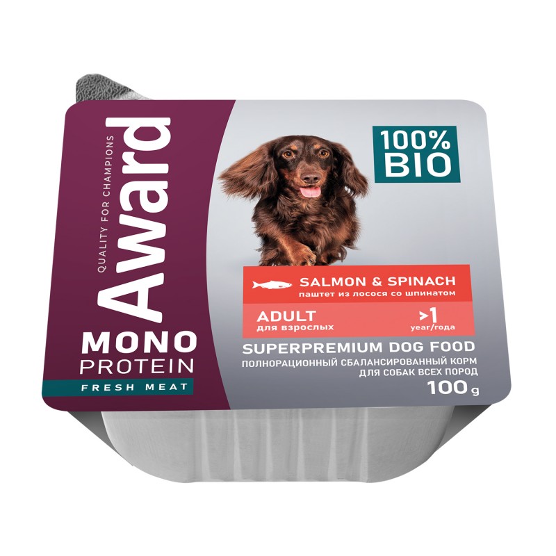AWARD Monoprotein для взрослых собак паштет из лосося со шпинатом 100г