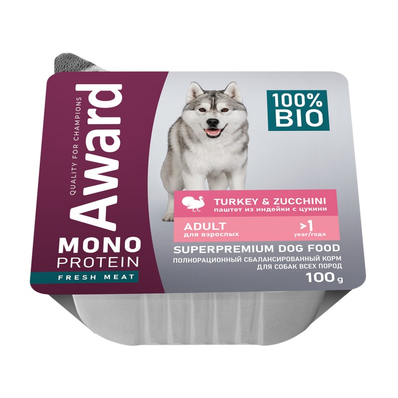 AWARD Monoprotein для взрослых собак паштет из индейки с цукини 100г