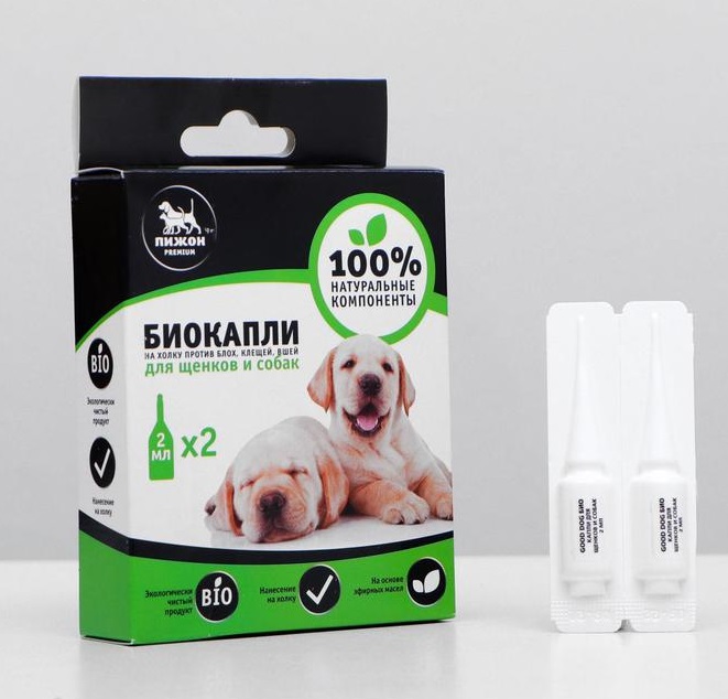 Биокапли на холку "ПИЖОН Premium" для щенков и собак до 40кг. против блох, клещей, вшей (уп. 2х2 мл)