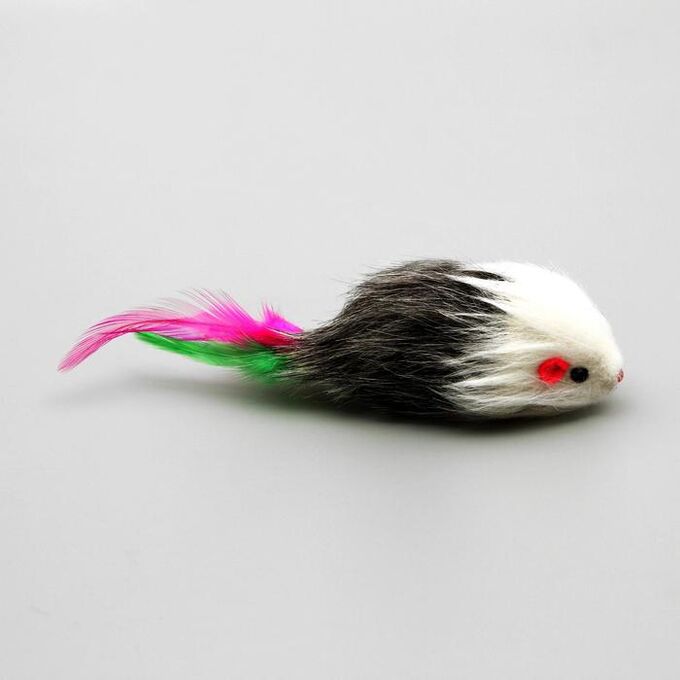 Мышь меховая "Пушистик" с перьями 7,5 см, микс цветов